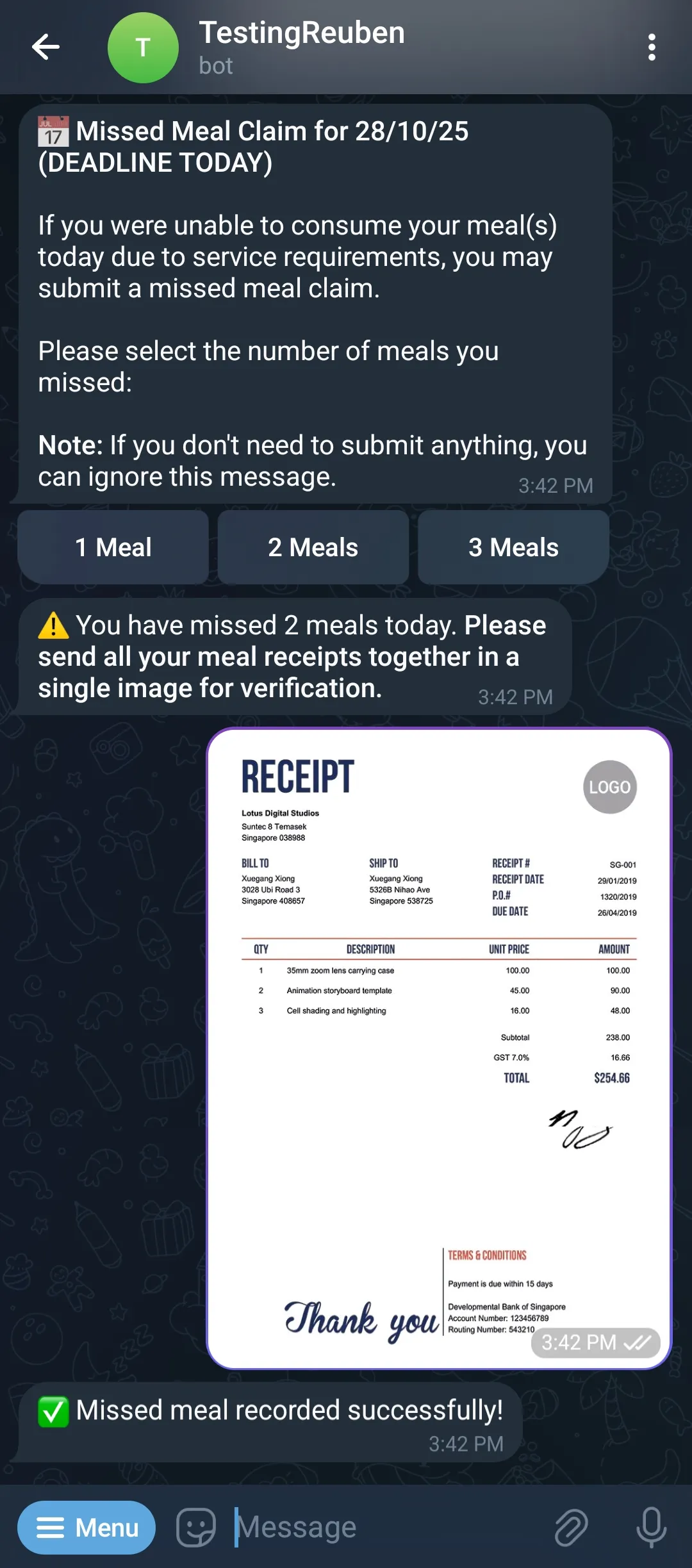 View of the missed meal feature